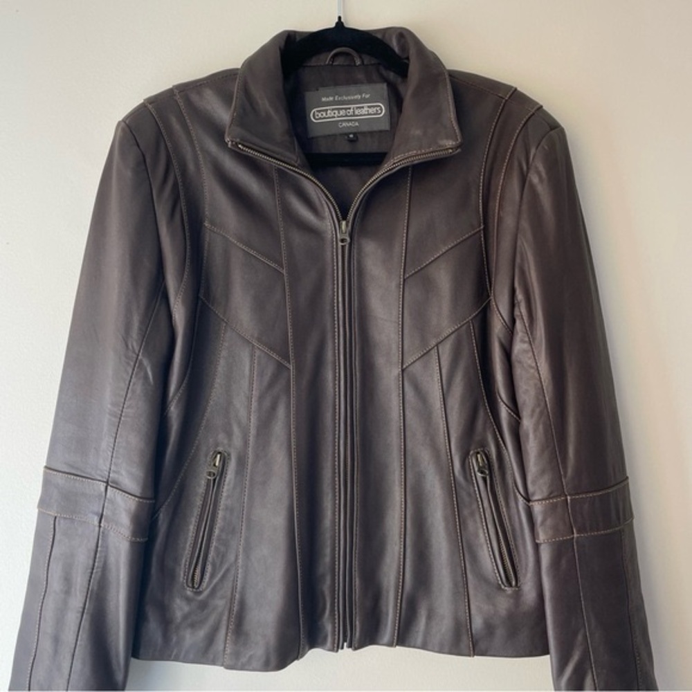 BOUTIQUE OF LEATHERS Brown Lambskin Leather Jacket Mock Neck Size 10